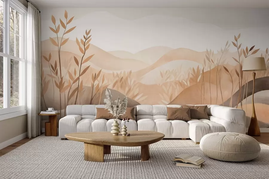 murales de pared Paisaje abstracto con colinas onduladas en tonos marrones y beige, obra de arte con textura w09617