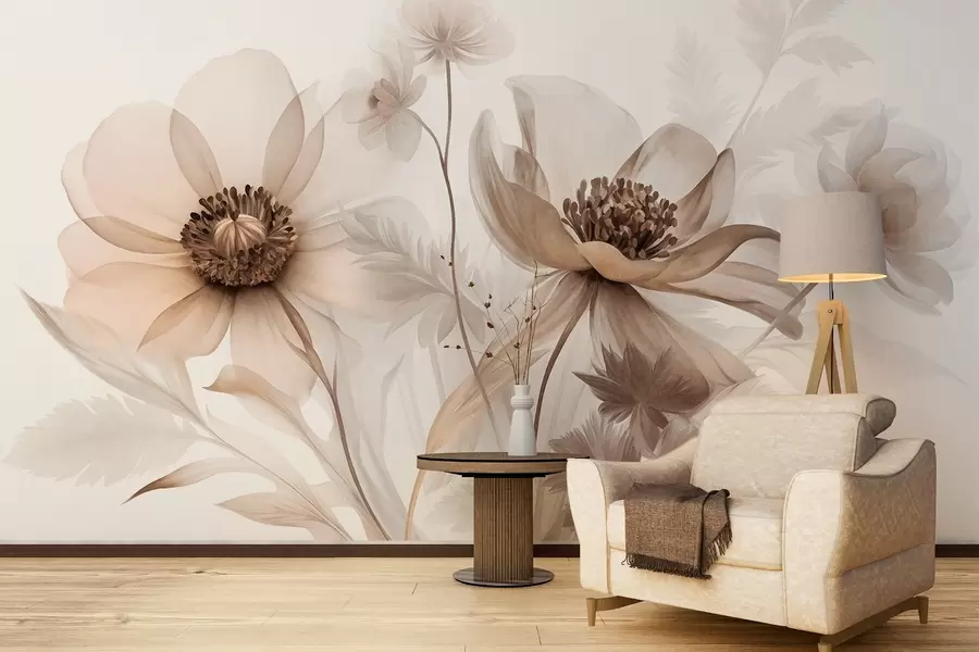 murales de pared Flores grandes, translúcidas y de tonos sepia, con pétalos delicados, hojas plumosas y flores más pequeñas w09900