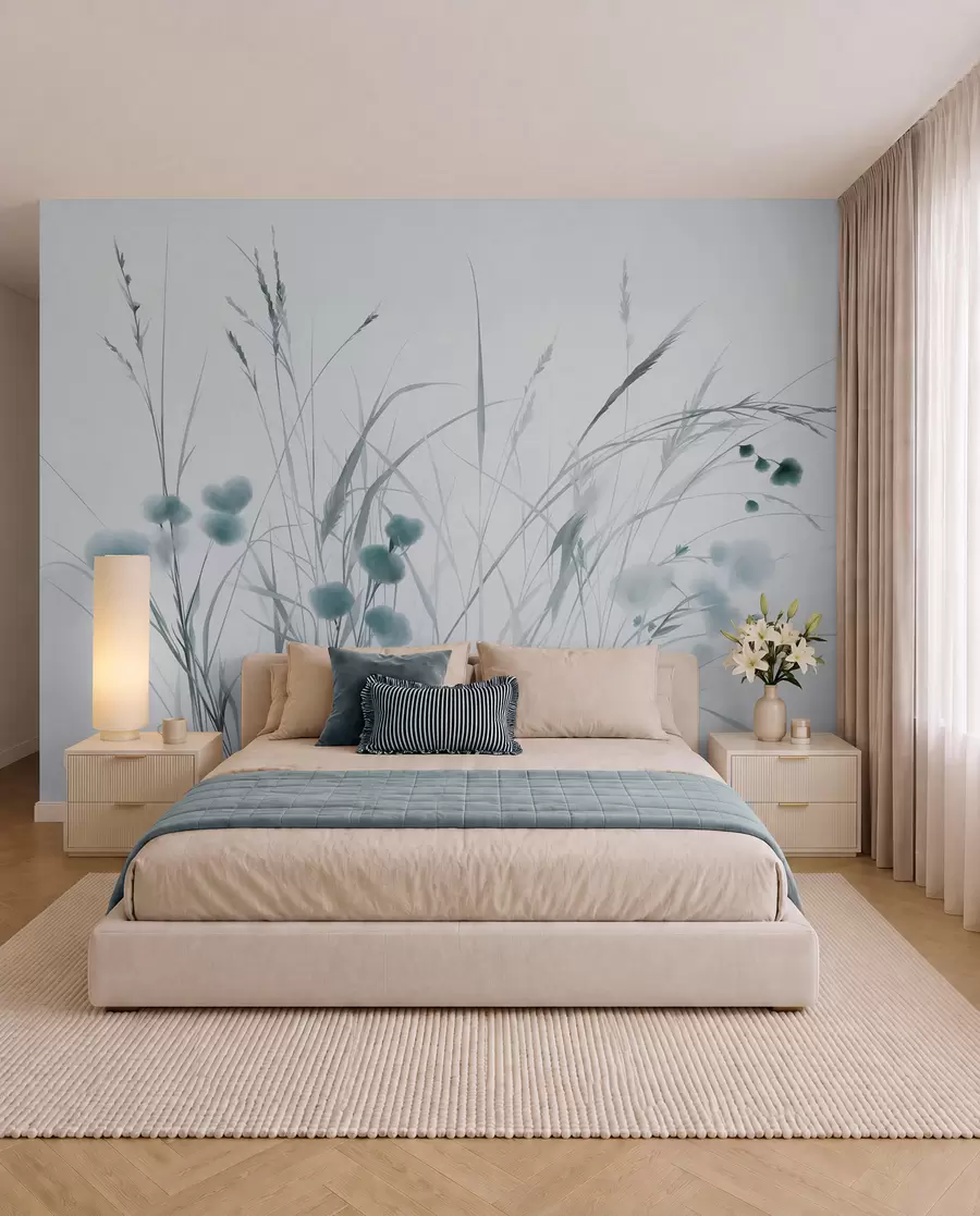 murales de pared Hierbas altas y pequeñas flores silvestres azules sobre un fondo pálido, con un estilo boho lleno de textura w09902v1