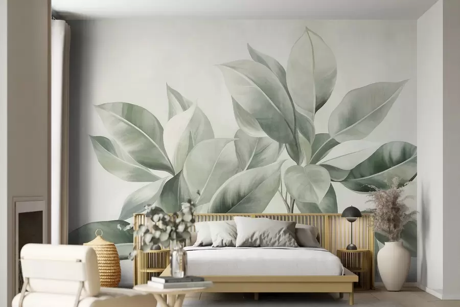 murales de pared Hojas de color verde claro sobre un fondo pálido y suave, con textura de estilo boho w09909