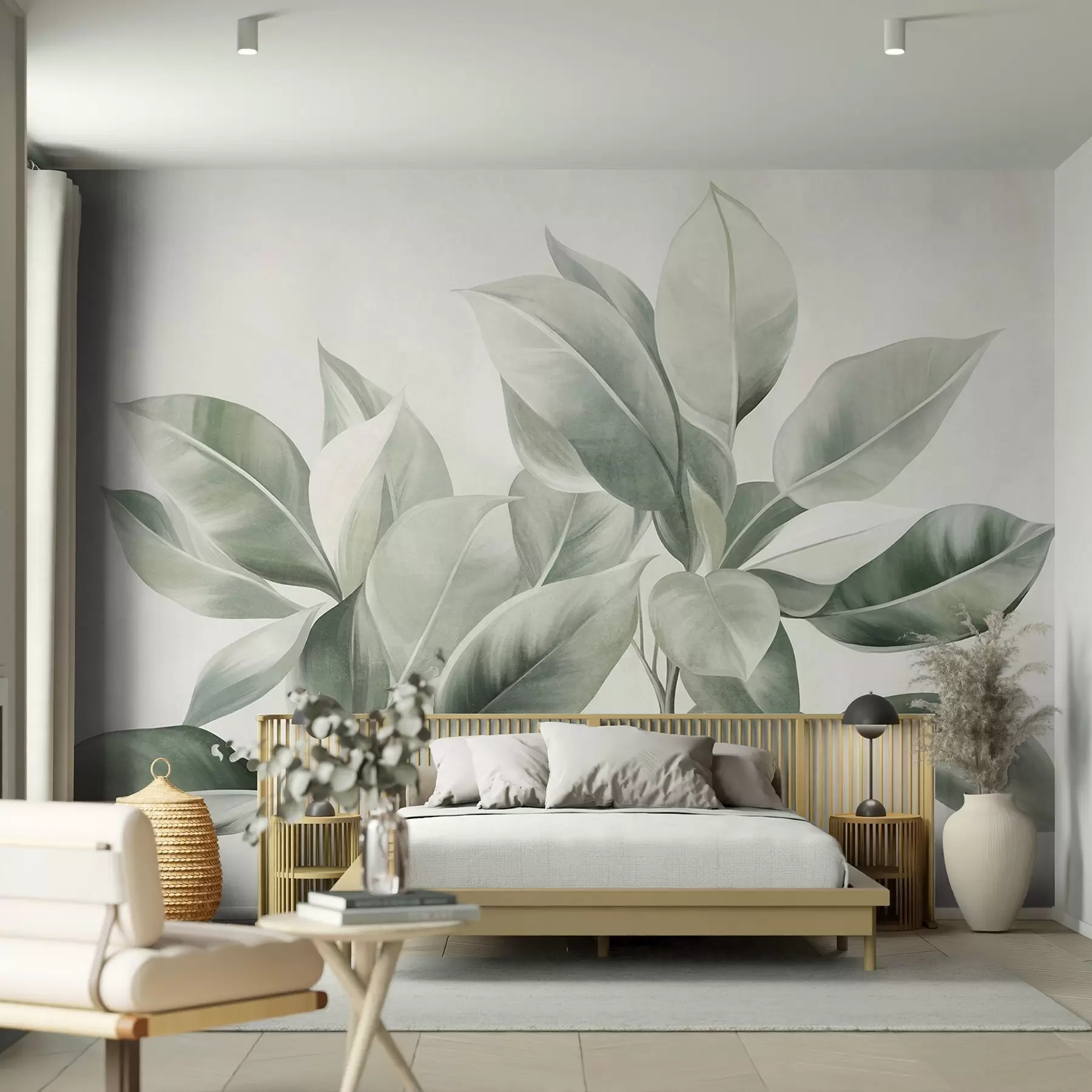 murales de pared Hojas de color verde claro sobre un fondo pálido y suave, con textura de estilo boho w09909
