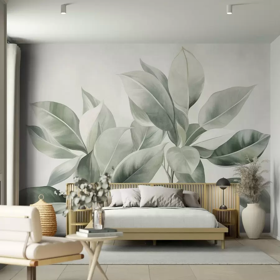 murales de pared Hojas de color verde claro sobre un fondo pálido y suave, con textura de estilo boho w09909