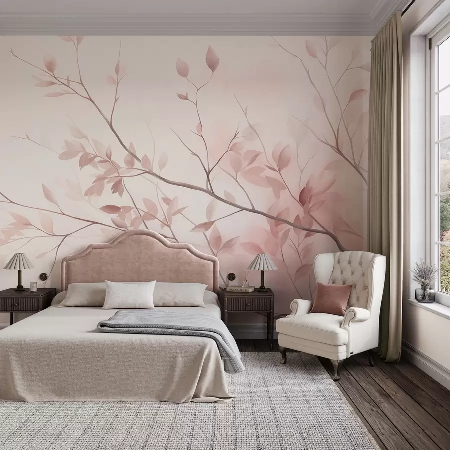 murales de pared Ramas delicadas con hojas de un rosa suave sobre un fondo pálido, al estilo de la acuarela w09910