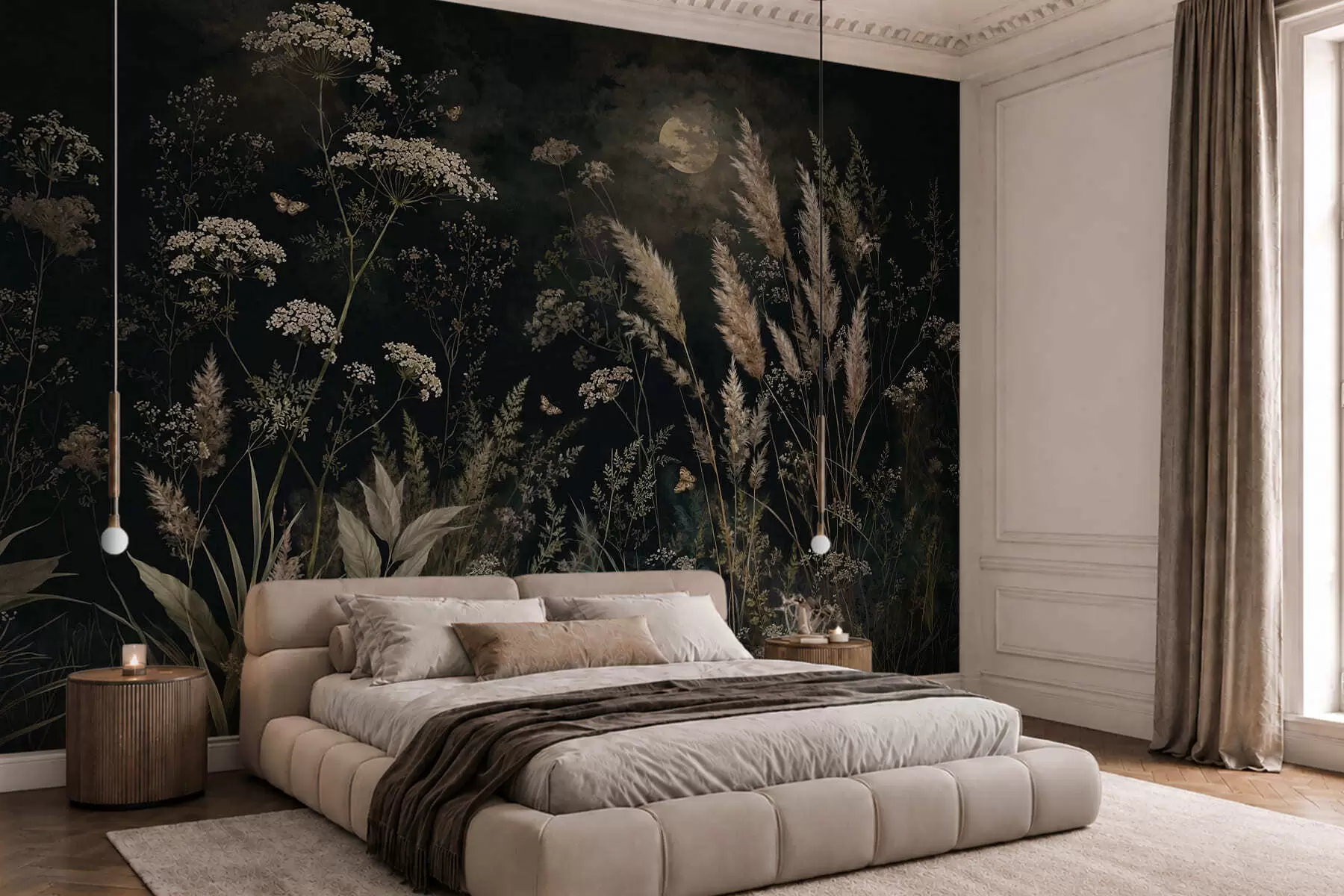 murales de pared Pradera a la luz de la luna con hierbas y flores silvestres w05701