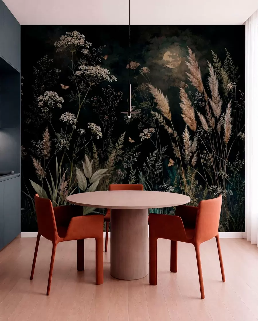 murales de pared Pradera a la luz de la luna con hierbas y flores silvestres w05701