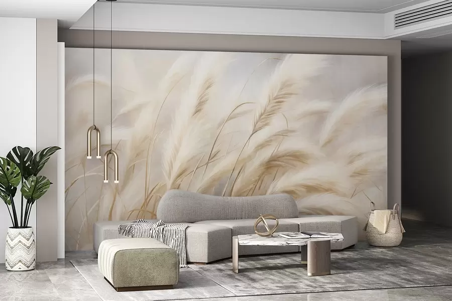 murales de pared Alta hierba de la pampa que se mece suavemente con el viento sobre un fondo suave y apagado; obra de arte con textura w09825