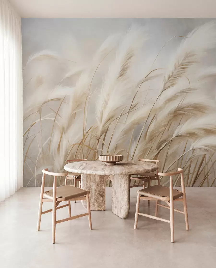 murales de pared Alta hierba de la pampa que se mece suavemente con el viento sobre un fondo suave y apagado; obra de arte con textura w09825