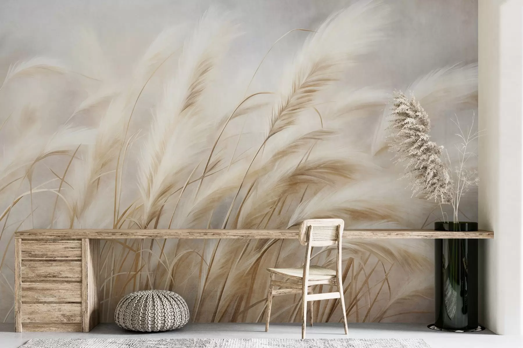 murales de pared Alta hierba de la pampa que se mece suavemente con el viento sobre un fondo suave y apagado; obra de arte con textura w09825