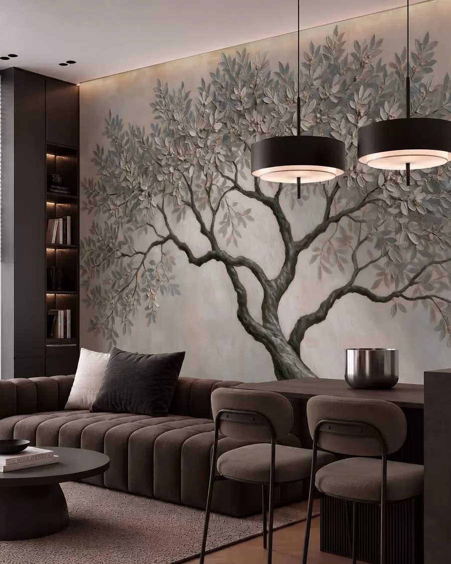 murales de pared Árbol pintado al óleo en tonos grises y beige naturales y tranquilos w09919