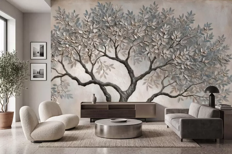 murales de pared Árbol pintado al óleo en tonos grises y beige naturales y tranquilos w09919