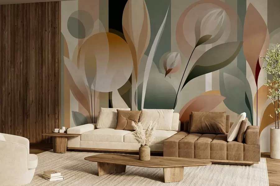 murales de pared una abstracción estilizada en la que aparecen plantas en colores naturales w05750