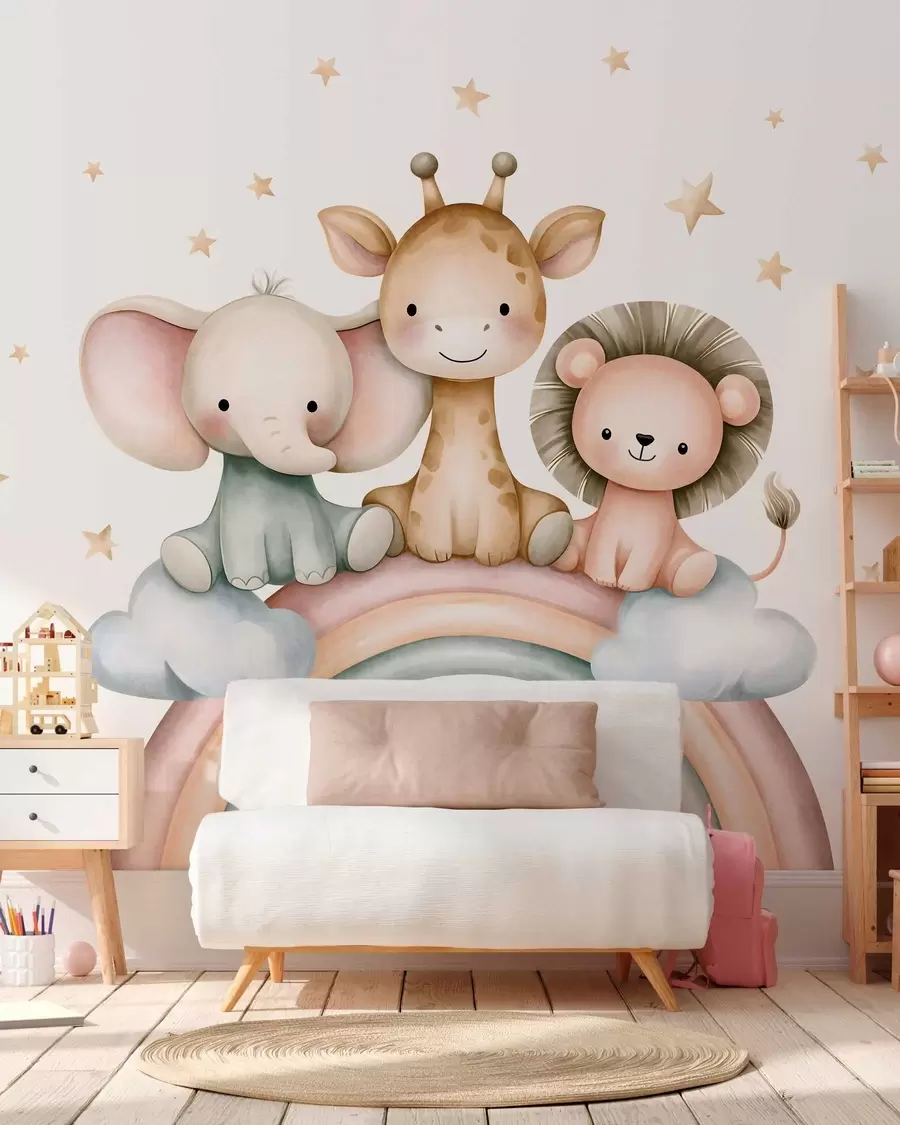 murales de pared un arcoíris con animales entre las estrellas, en estilo acuarela w05752