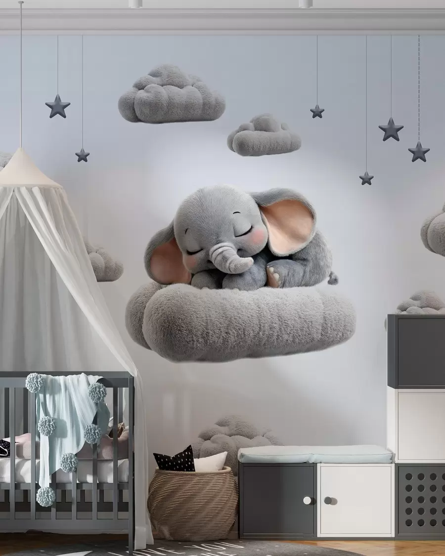 murales de pared un elefantito muy mono, en estilo 3D, durmiendo entre nubes mullidas w05754