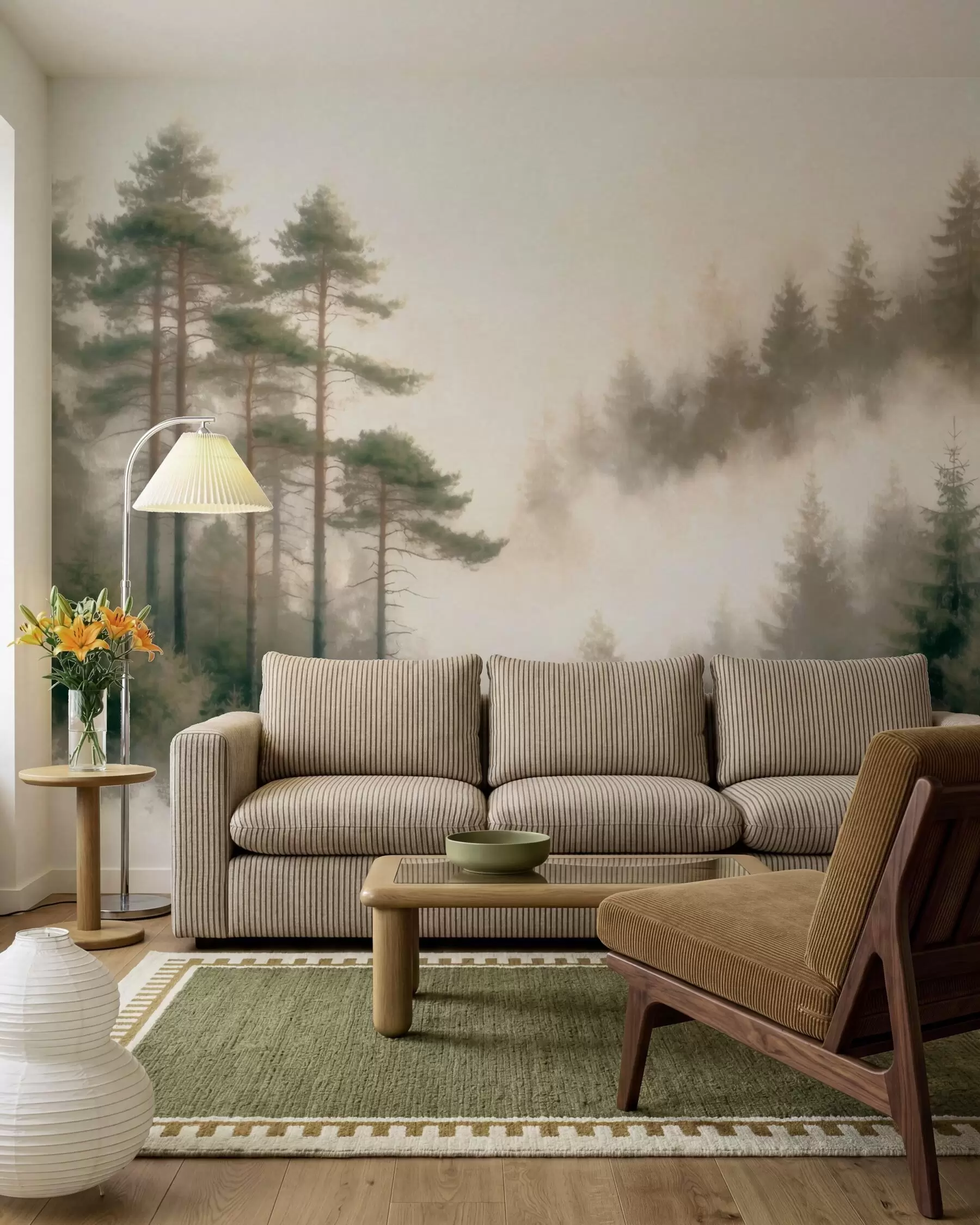 murales de pared Bosque de pinos por la mañana, al estilo de la acuarela w09916