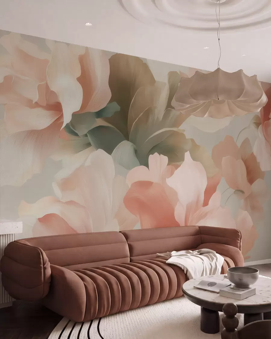 murales de pared Grandes flores artísticas en suaves tonos pastel de color crema, rosa y verde w09935