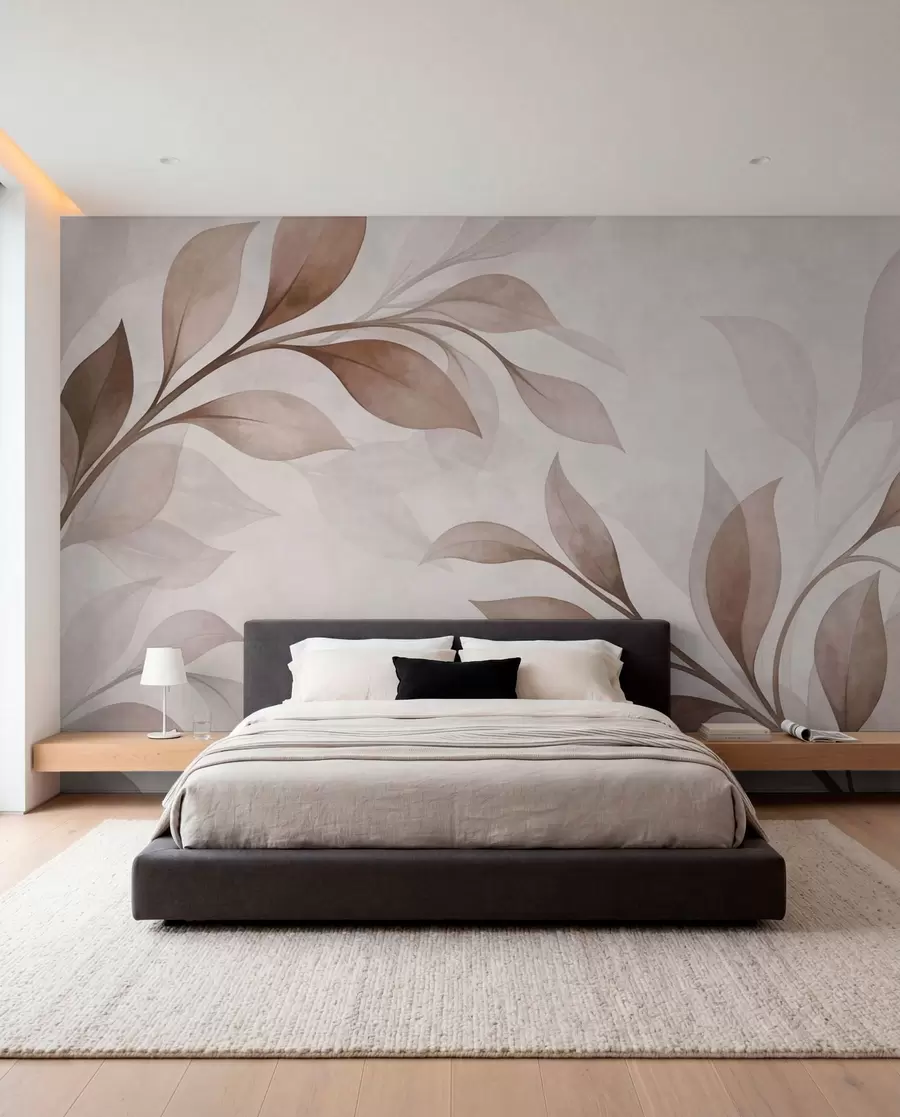 murales de pared Hojas grandes en tonos cálidos de beige y marrón w05693v1