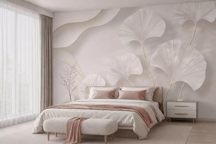 murales de pared Hojas de ginkgo de color claro sobre un fondo de mármol suave w05734v1