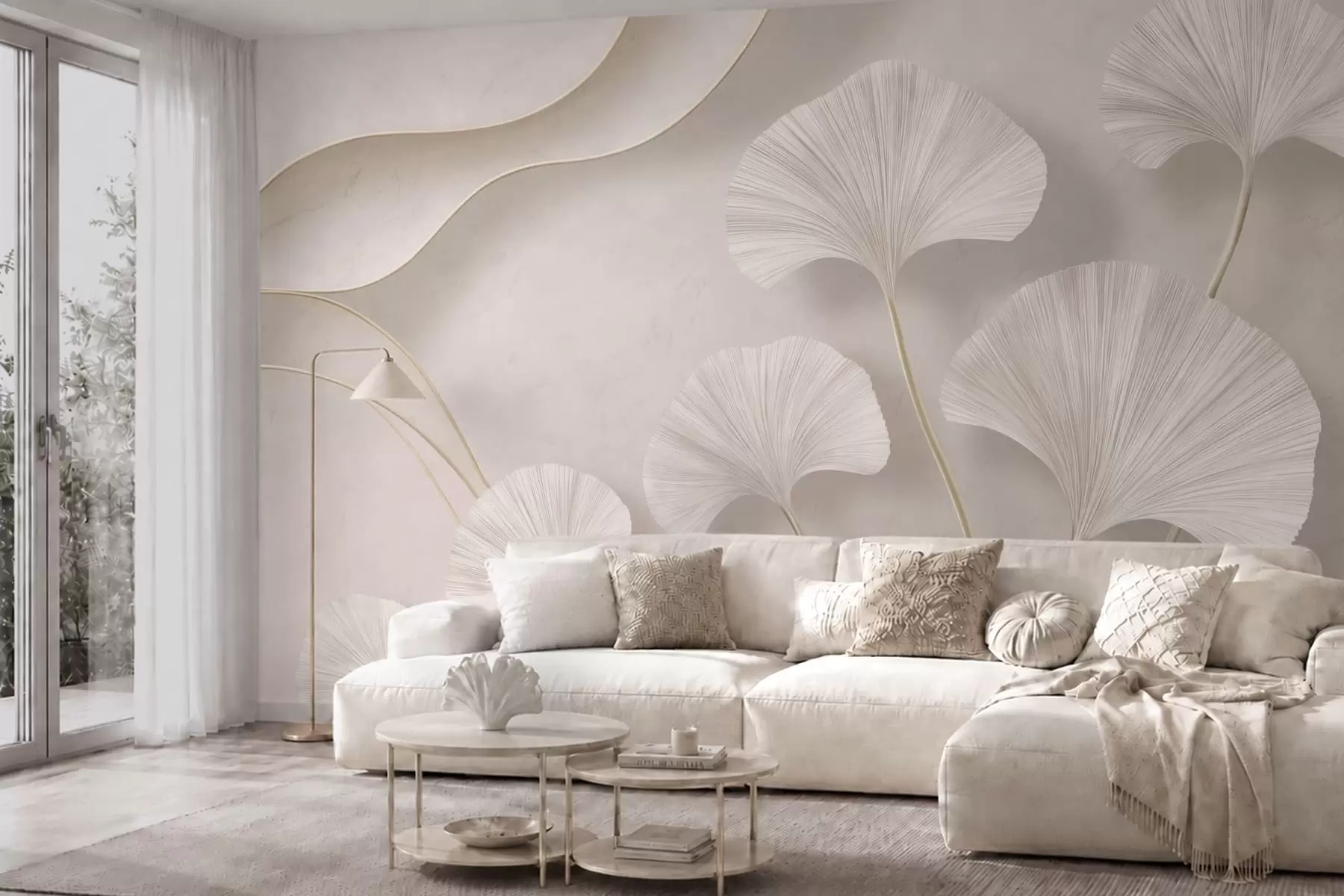 murales de pared Hojas de ginkgo de color claro sobre un fondo de mármol suave w05734v1
