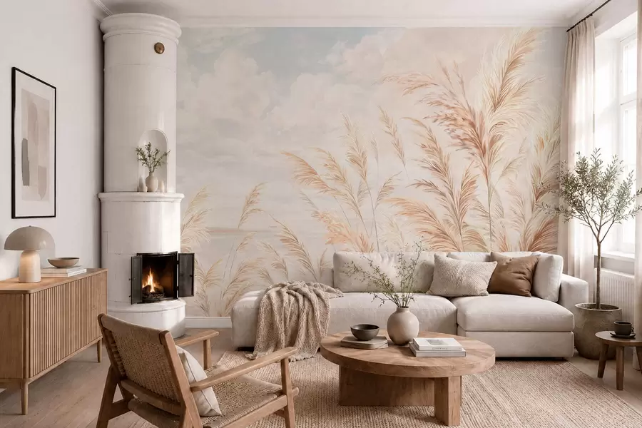 murales de pared Tallos suaves y altos de trigo y hierba bajo un cielo nublado w05735