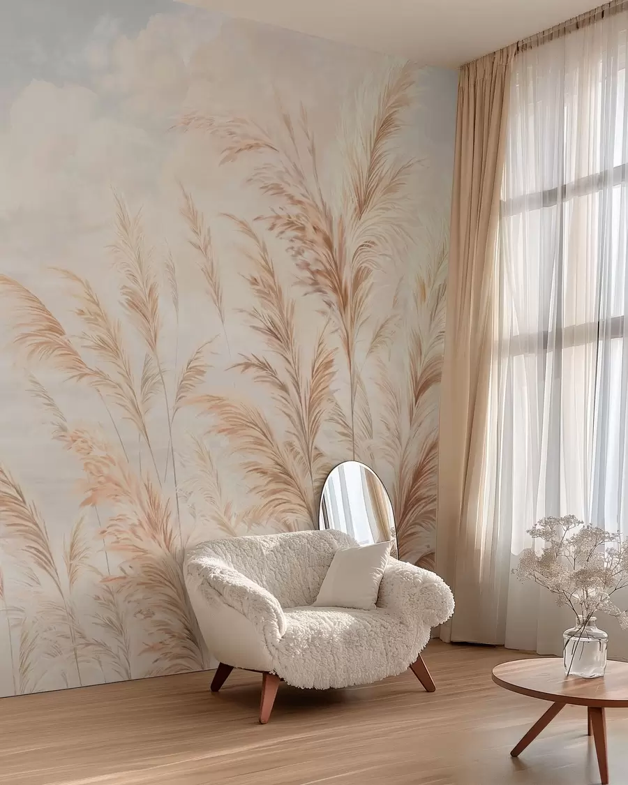 murales de pared Tallos suaves y altos de trigo y hierba bajo un cielo nublado w05735