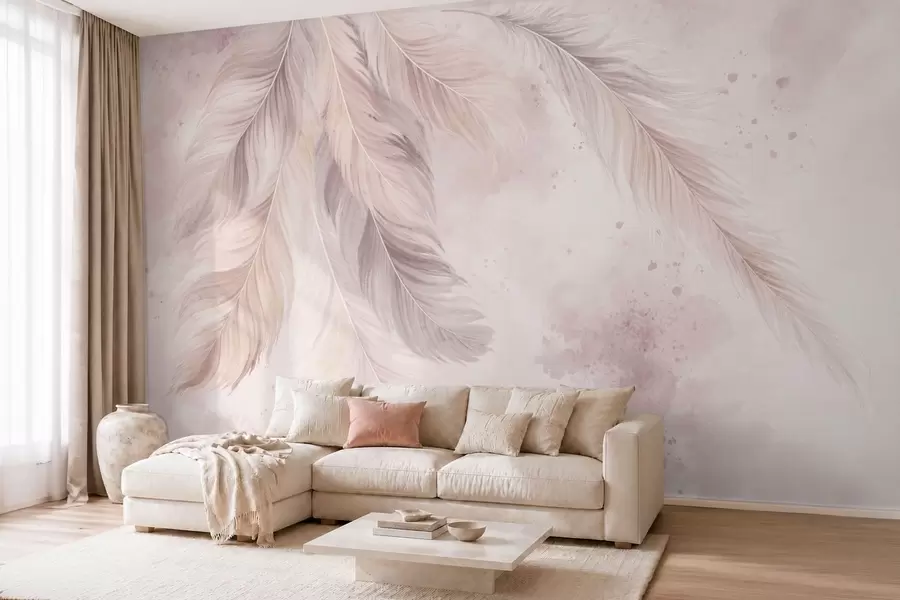 murales de pared Delicadas plumas sobre un fondo de acuarela en tonos pastel w05737