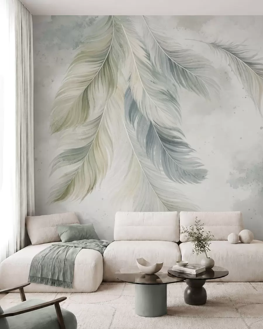 murales de pared Plumas de colores claros sobre un delicado fondo de acuarela w05737v2