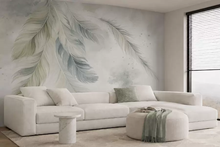 murales de pared Plumas de colores claros sobre un delicado fondo de acuarela w05737v2