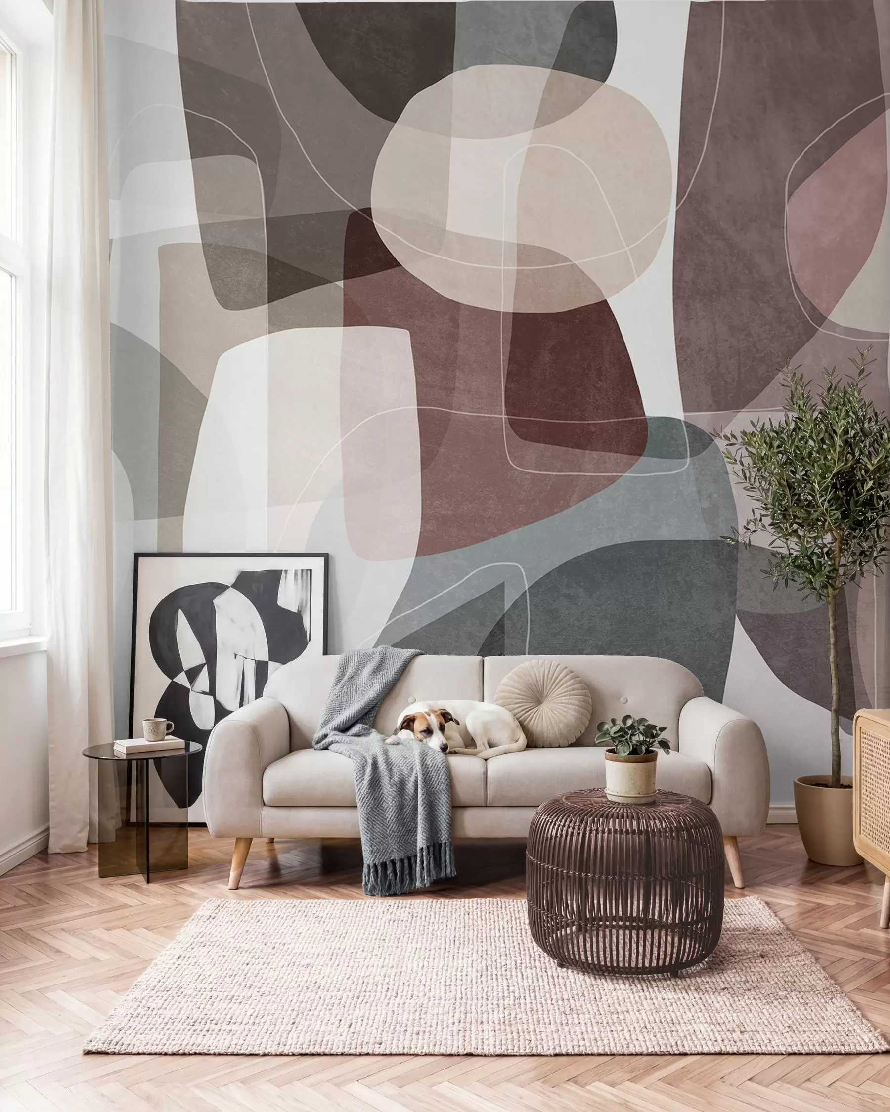 murales de pared Formas abstractas en tonos tierra apagados con finas líneas blancas y texturas superpuestas w09942