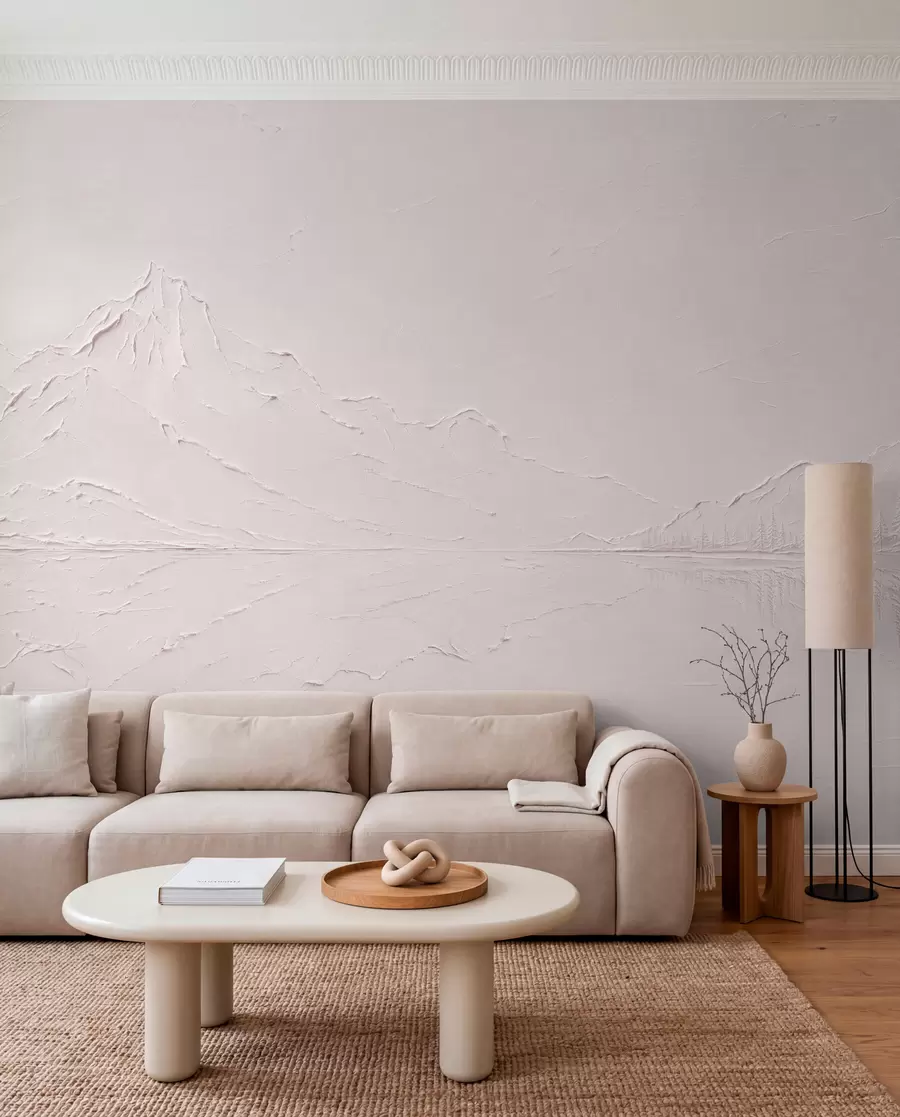 murales de pared Un paisaje montañoso de color rosa claro y con textura, con un lago que parece un espejo w05739v1