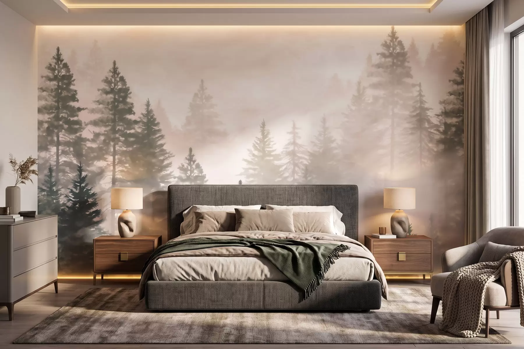 murales de pared Bosque de coníferas envuelto en niebla, en tonos verde oscuro, al estilo de la acuarela w09929