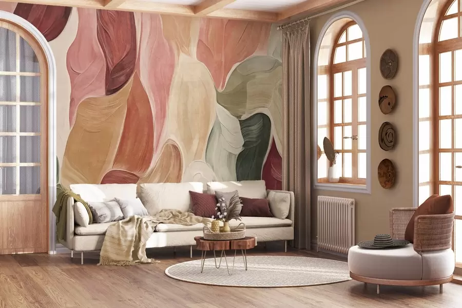 murales de pared Formas abstractas en tonos apagados de rosa, melocotón y verde, con imitación de pinceladas w09908
