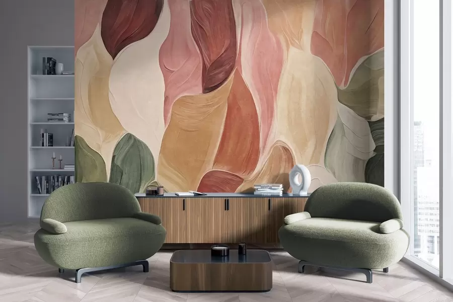 murales de pared Formas abstractas en tonos apagados de rosa, melocotón y verde, con imitación de pinceladas w09908