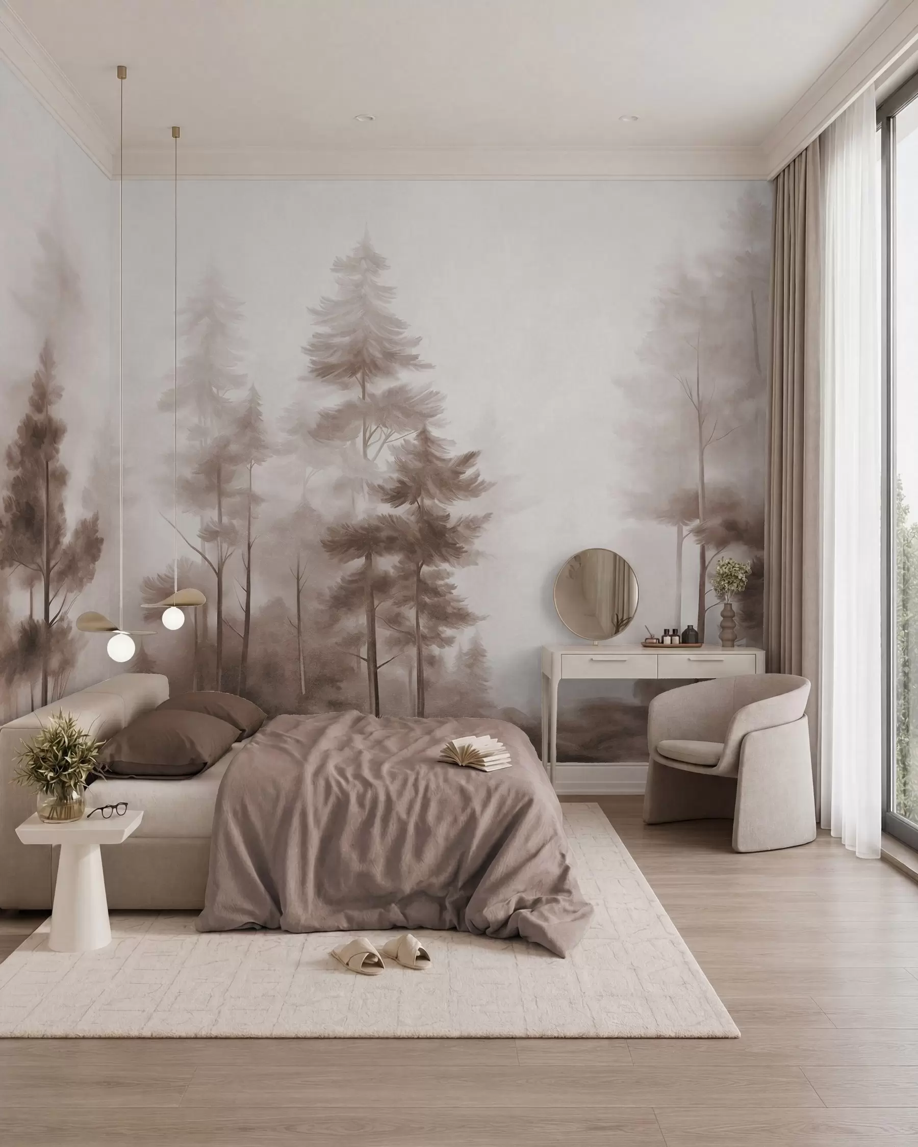 murales de pared Bosque con textura, con altos pinos en tonos marrones y una suave niebla w09982v1