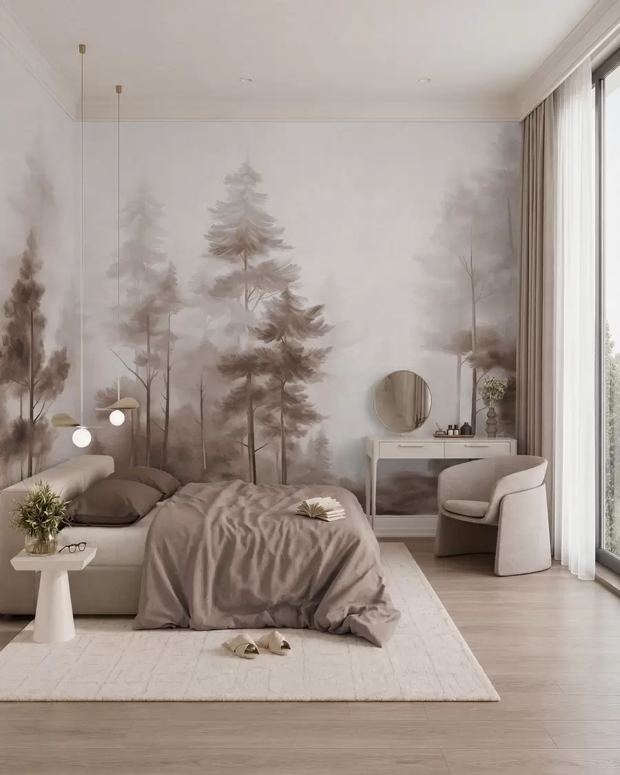murales de pared Bosque con textura, con altos pinos en tonos marrones y una suave niebla w09982v1