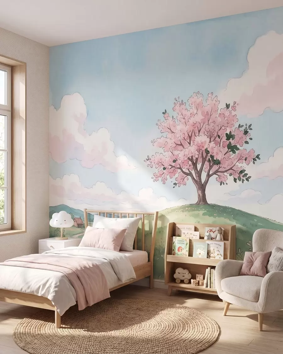 murales de pared Árbol en flor sobre una colina verde con una casita en la lejanía; paisaje al estilo de la acuarela w09954