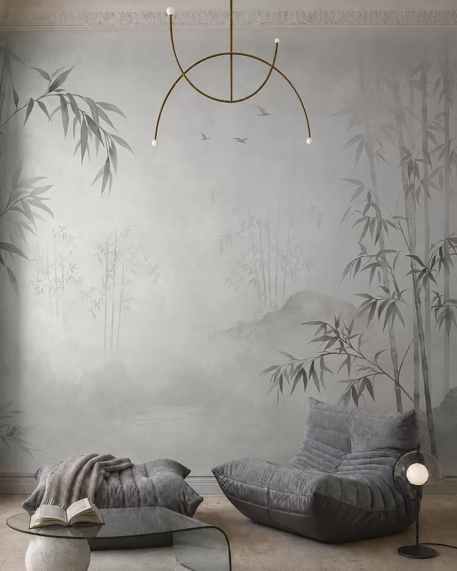 murales de pared Un bosque de bambú monocromático y envuelto en niebla junto a unas aguas tranquilas w05732v1