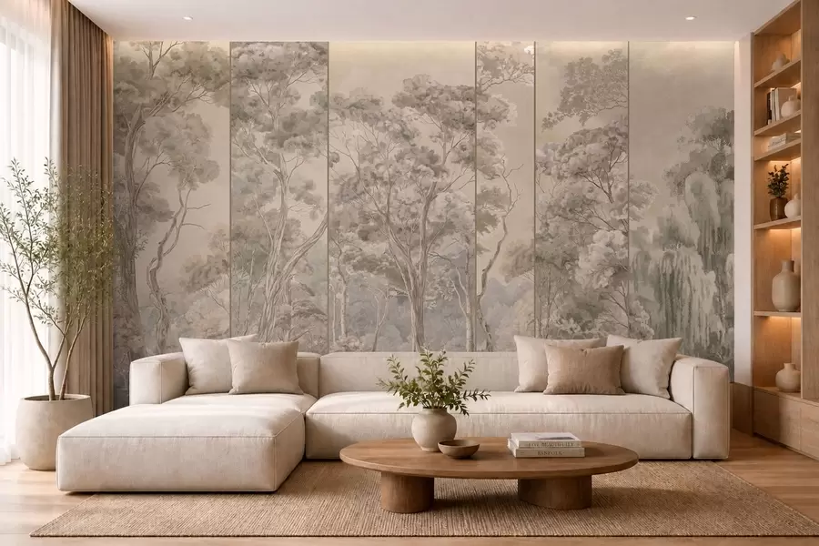 murales de pared Un bosque panorámico con árboles altos en tonos suaves y cálidos w05811