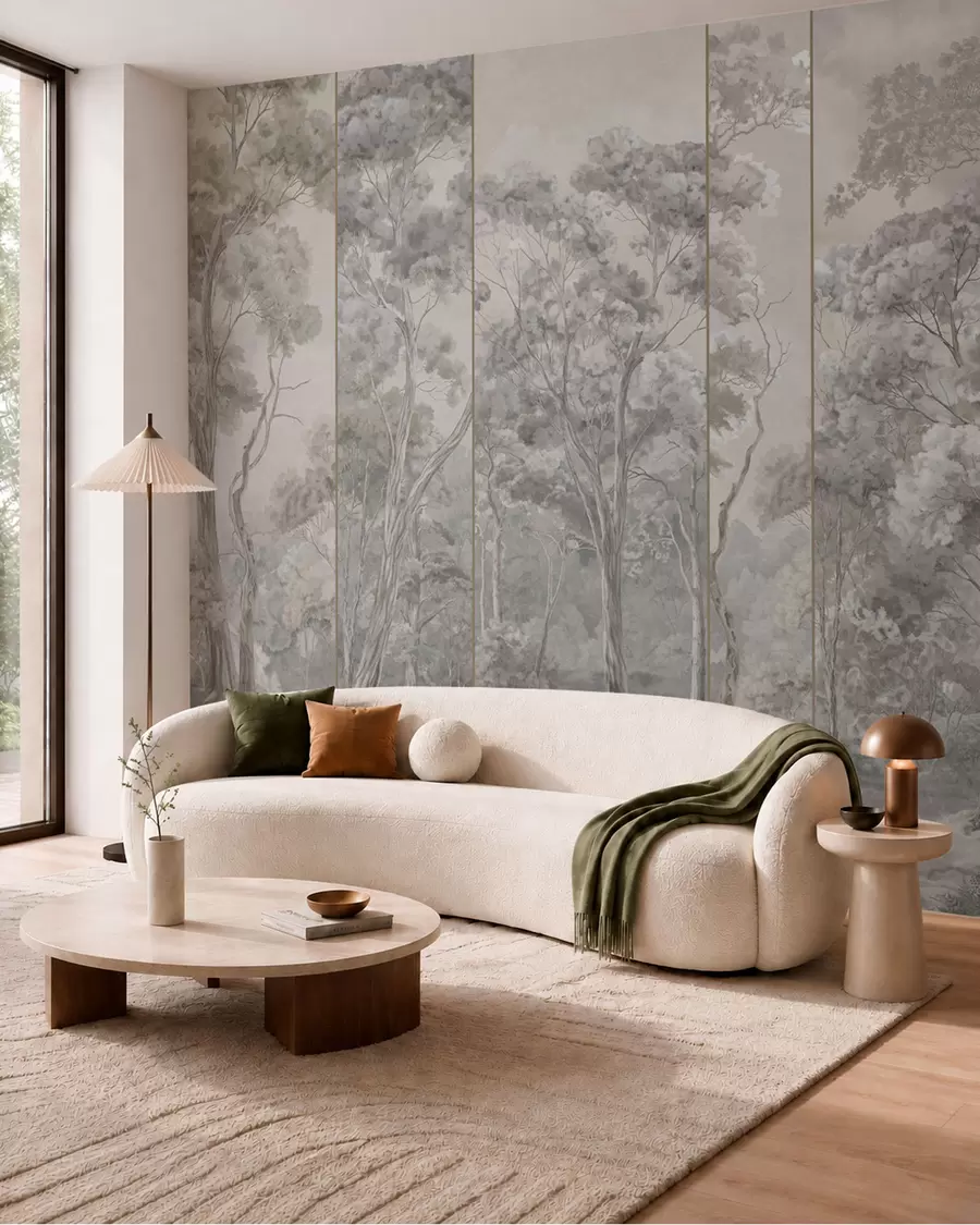 murales de pared Un bosque panorámico con árboles altos en tonos suaves y frescos w05811v1