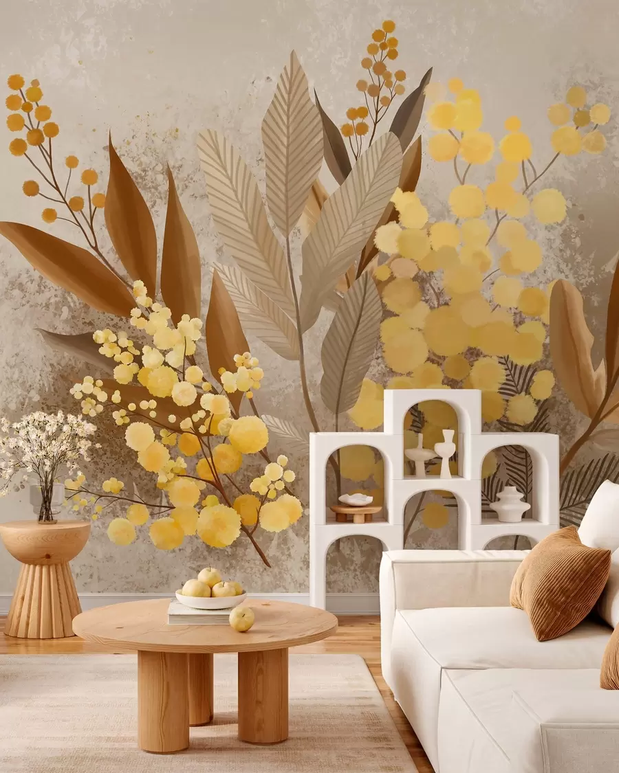murales de pared Ramas de mimosa pintadas y un herbario en tonos cálidos w05659