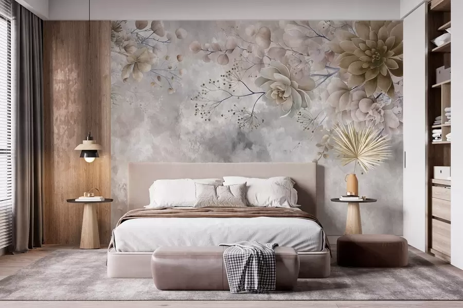 murales de pared Flores de fantasía de estilo retro en la imagen de arriba, en tonos beige y marrón w05753