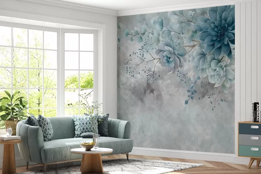 murales de pared Una vista desde arriba de unas flores fantásticas de estilo retro, en tonos azules y turquesa w05753v1