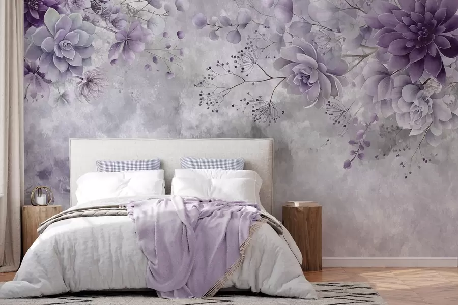 murales de pared Una vista desde arriba de unas flores fantásticas de estilo retro, en tonos morados w05753v2