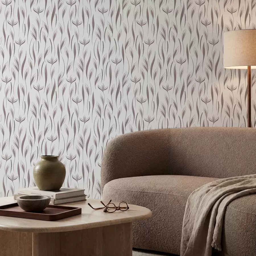murales de pared Tallos frondosos estilizados en tonos gris-beige a01230