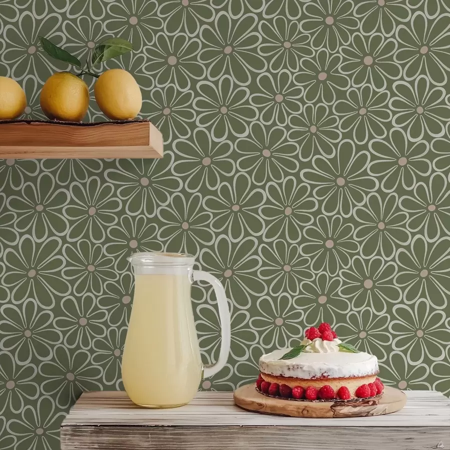 murales de pared Flores grandes con contorno sobre un fondo verde a01234