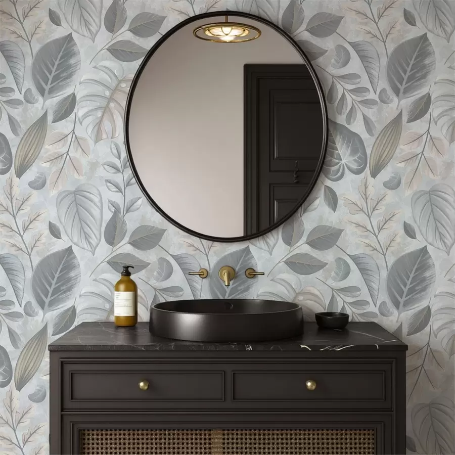 murales de pared Follaje decorativo de gran tamaño en tonos azul grisáceos a01241
