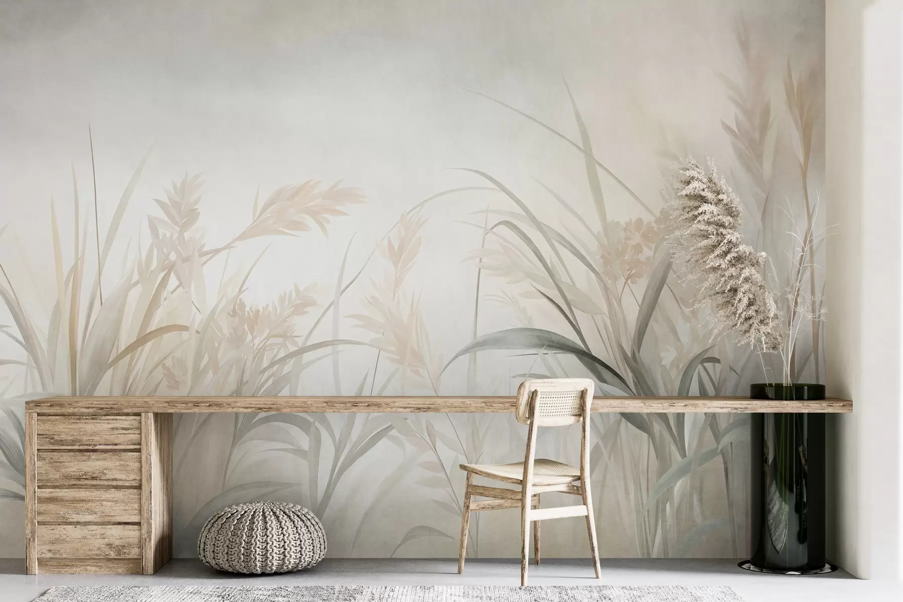 murales de pared Hierbas altas y delicadas y juncos en tonos suaves y apagados de beige, crema y verde, con textura w09981