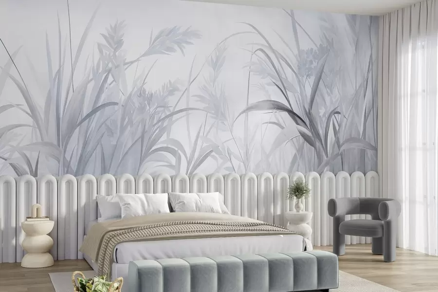 murales de pared Hierba alta y rala y juncos en tonos suaves y apagados de azul y gris, con textura w09981v2