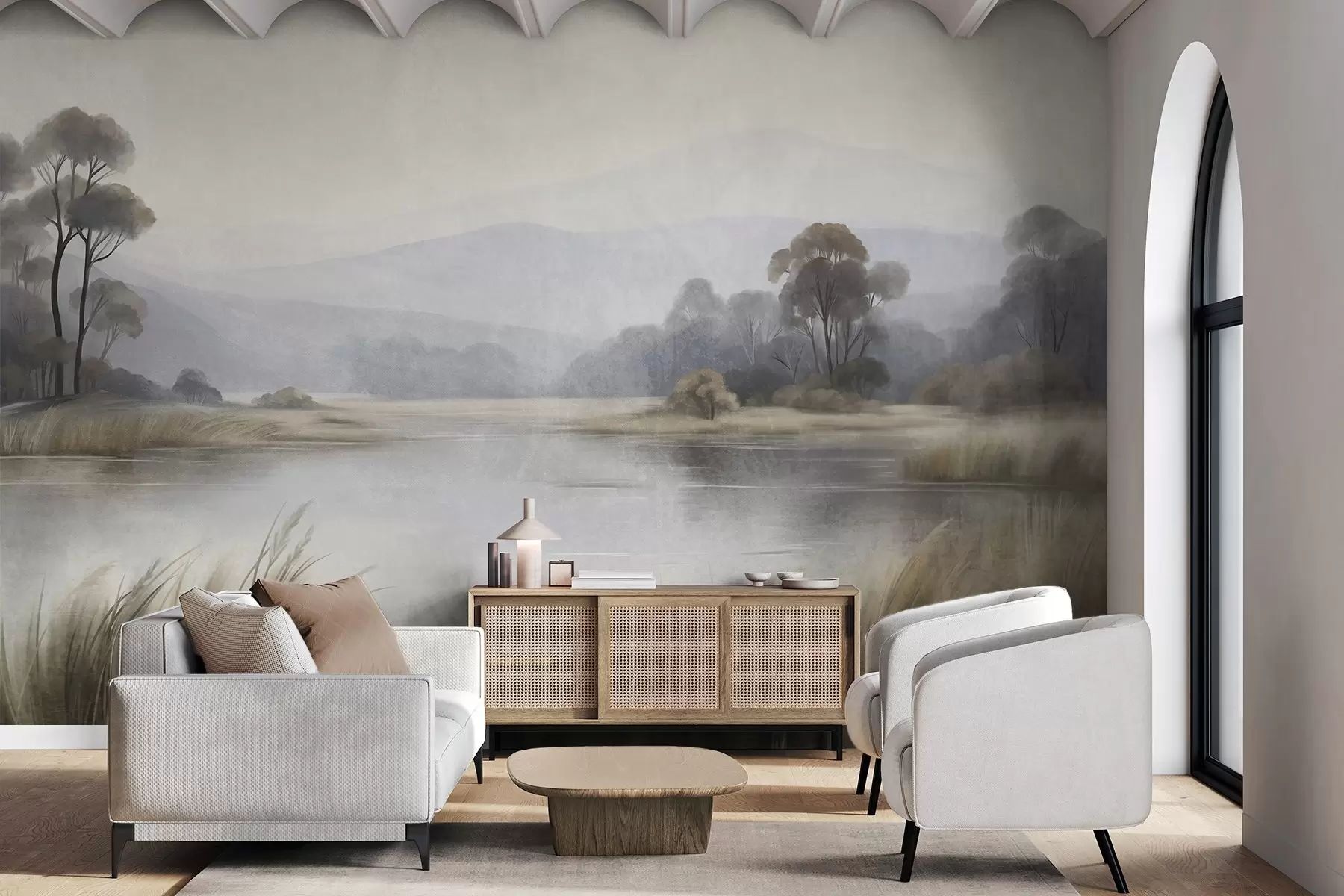 murales de pared Paisaje con relieve, con un lago, hierbas altas, árboles y montañas al fondo w09983