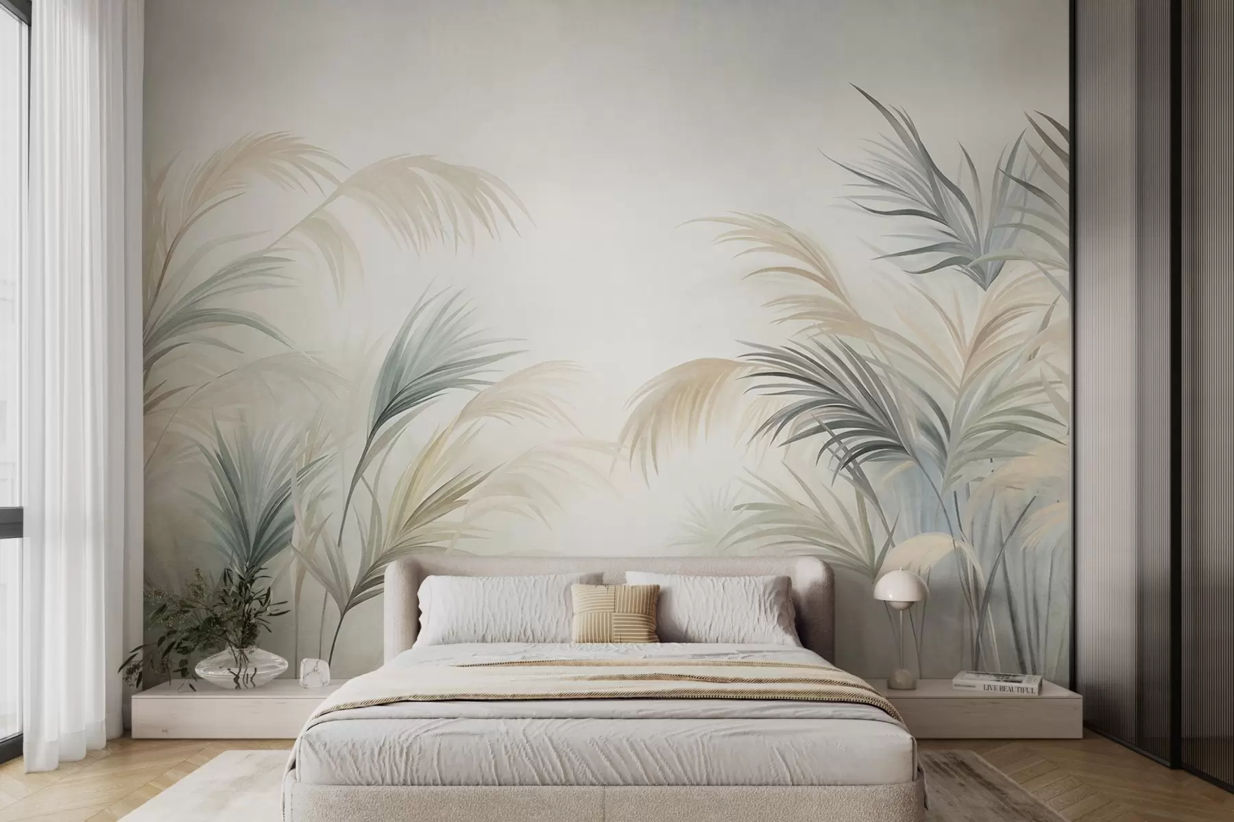 murales de pared Plantas altas en tonos apagados de beige, verde y gris sobre un fondo de textura suave w09984