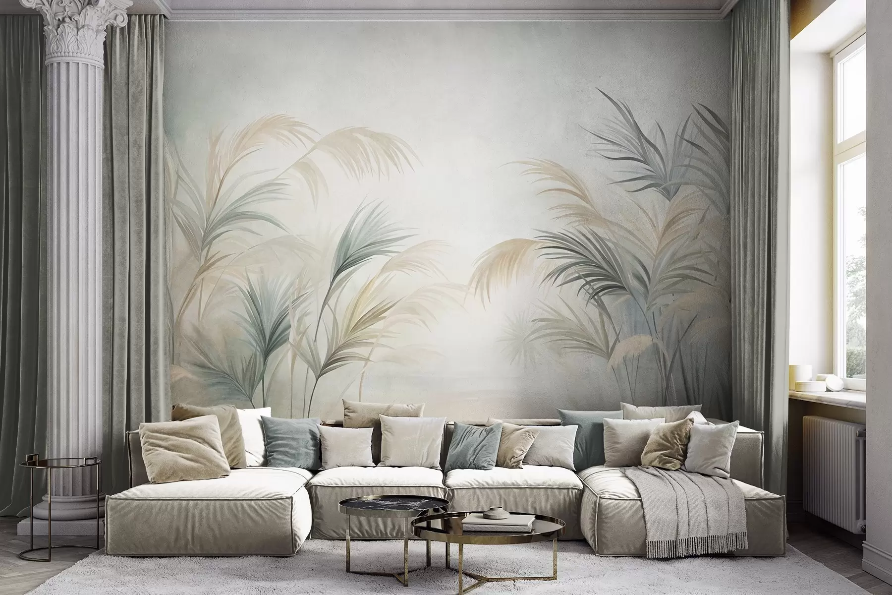 murales de pared Plantas altas en tonos apagados de beige, verde y gris sobre un fondo de textura suave w09984